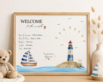 Nautical Birth Announcement Print, Watercolor Lighthouse Sailboat (Digital Download)