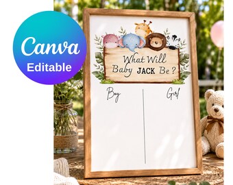 He or She What Will Baby Be Sign,Safari Baby Shower Decor,Guess The Gender Sign, Gender Reveal Game,Jungle Baby Shower Neutral Baby Shower