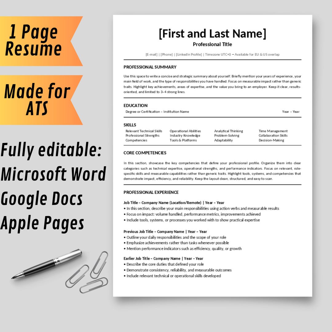 ATS Resume Template Bundle – Professional CV + Cover Letter (digital ...