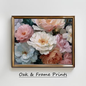 May include: A framed floral print featuring a bouquet of peonies in shades of pink, peach, white, and blue. The artwork is in a gold frame and the text "Oak & Frame Prints" is at the bottom.