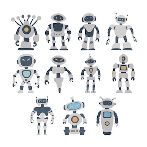 Puede incluir: Una colección de doce robots de dibujos animados en varios diseños. Los robots son principalmente blancos con acentos negros y amarillos. Cada robot tiene una forma y características únicas.