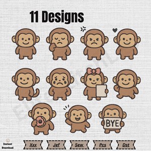 Puede incluir: Una colección digital de 11 diseños que muestran monos de dibujos animados marrones con diversas expresiones y accesorios, incluyendo una rosquilla, un lazo y un cartel que dice BYE. El texto 11 Designs aparece arriba, con los formatos.