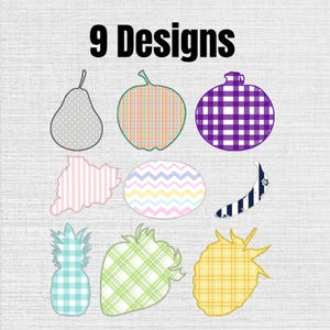 May include: A collection of 9 Designs featuring various fruit shapes with distinct patterns. Included are a grey polka dot pear, a plaid apple, a purple gingham round shape, a striped cloud, a chevron oval, a navy floral banana, a teal gingham pineapple, a green plaid strawberry, and a yellow plaid raspberry.