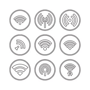 May include: Nine black and white WiFi icons in a circular frame. The icons depict various representations of wireless internet signals, including signal strength and antenna symbols. The icons are outlined in black.
