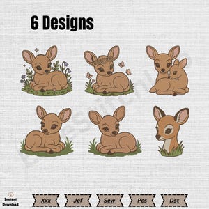 Peut inclure: Six motifs de broderie numérique représentant des cerfs bruns dans diverses positions, incluant des faons dans l'herbe, un faon avec une couronne de fleurs et un duo de cerfs. Le texte 6 Designs et les formats Xxx, Jef, Sew, Pcs, Dst apparaissent.