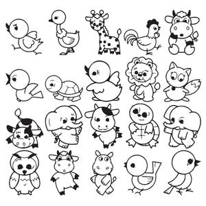 赤ちゃん動物の輪郭刺繍デザイン、漫画風の象、キリン、牛、ライオン、鳥のフォント刺繍、即時ダウンロード