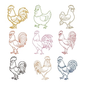 May include: Nine colorful rooster and hen illustrations on a white background. The rooster designs feature various colors, including gold, red, and blue. One hen illustration is green. The images are line drawings, suitable for farm-themed designs.