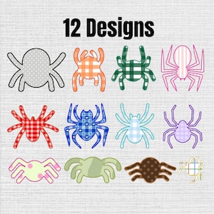 May include: A digital graphic featuring 12 designs of spiders arranged in three rows. The spiders display various patterns including polka dots, gingham, stripes, and solid colors in shades of gray, orange, green, pink, red, blue, and brown.