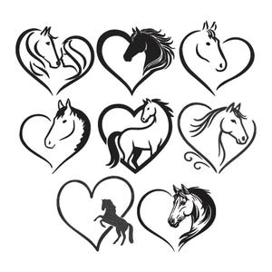 May include: A selection of black and white horse designs. Each design presents a horse or horse head within a heart shape. The illustrations vary, including a horse silhouette, a rearing horse, and detailed horse heads.