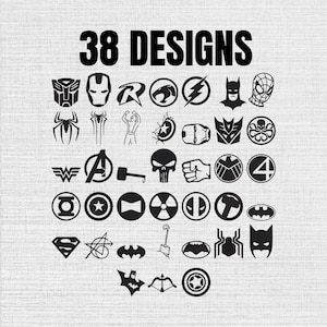 Puede incluir: Una colección de 38 iconos gráficos negros dispuestos en una cuadrícula sobre un fondo blanco. Los diseños presentan varios símbolos de superhéroes y cómics, incluyendo máscaras, escudos, logotipos y emblemas de personajes en silueta negra.