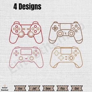 May include: Four digital embroidery designs of video game controllers arranged in a grid. The text 4 Designs appears at the top. Each controller outline features buttons and joysticks. The bottom includes file formats Xxx, Jef, Sew, Pcs, and Dst.