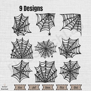 May include: A collection of 9 black spider web designs arranged in a grid on a light gray background. The text 9 Designs appears at the top, with file format labels Xxx, Jef, Sew, Pcs, and Dst displayed in rectangular boxes at the bottom.