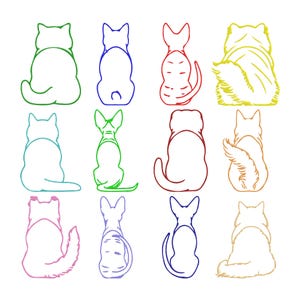 May include: A collection of twelve cat silhouettes arranged in a grid, each rendered in a single vibrant color outline. The cats are depicted from behind, showcasing various body shapes, tail positions, and fur textures in green, blue, red, yellow, and pink.