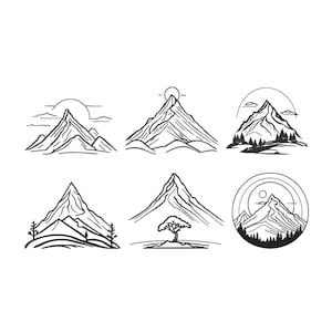 Può includere: Una collezione di sei illustrazioni di montagne in bianco e nero. Ogni design presenta una scena di montagna diversa, con soli, alberi e varie forme di montagne. Le illustrazioni sono in stile minimalista, a linea.