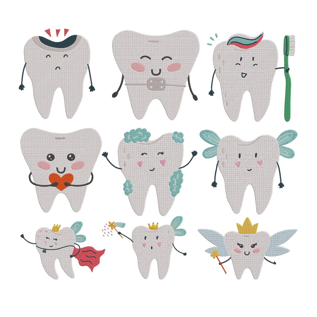 Kids Fairy Tooth Embroidery Design Bundle, Kawaii Dental Teeth Machine ...