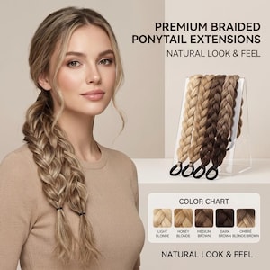 May include: A woman with long blonde hair styled in a braided ponytail. The image showcases premium braided ponytail extensions in various shades, including light blonde, honey blonde, medium brown, dark brown, and ombre brown/blonde. The text reads "Premium Braided Ponytail Extensions, Natural Look & Feel."