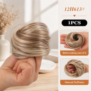 May include: A synthetic hair bun extension featuring a highlighted color blend of light blonde and medium brown tones, labeled 12H613#. The product is shown in three views, including a messy state labeled Before taking care of it and a styled state.