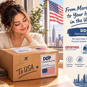 May include: A brown cardboard shipping box with a label that reads To USA, DDP Delivered Duty Paid, and features a United States flag. The box includes logos for Aramex, USPS, and FedEx, with text stating From Morocco to Your Home in the USA.