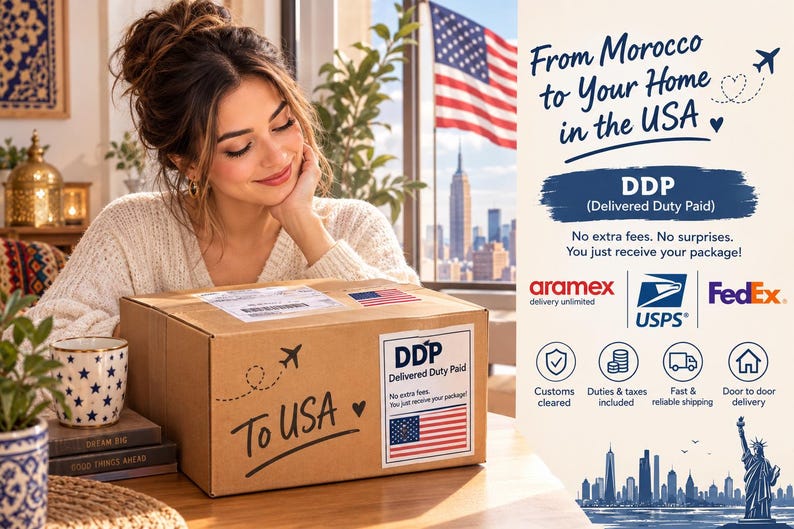 May include: A brown cardboard shipping box with a label that reads To USA, DDP Delivered Duty Paid, and features a United States flag. The box includes logos for Aramex, USPS, and FedEx, with text stating From Morocco to Your Home in the USA.