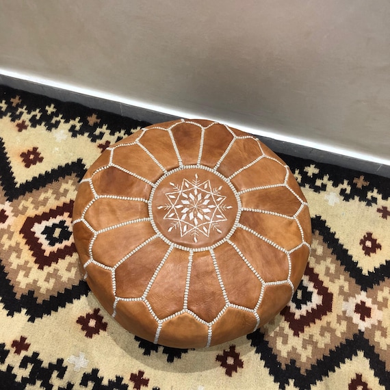 Moroccan Leather Pouf Ottoman, Handmade Genuine Leather Foot Stool, Round Unstuffed Pouf, Boho Ottoman, Floor Cushion, Living Room Decor