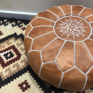 Top view of Moroccan leather pouf.