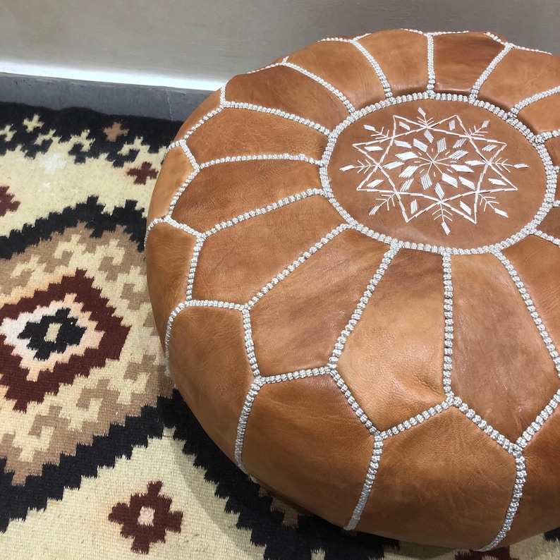 Top view of Moroccan leather pouf.