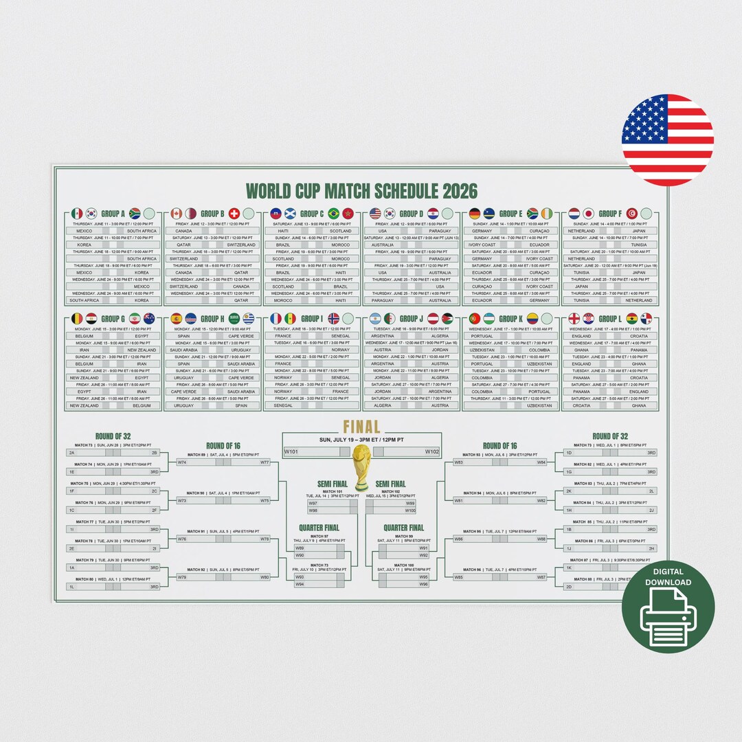 FIFA World Cup Wall Chart Digital Download - Poster PDF to Print A2 and