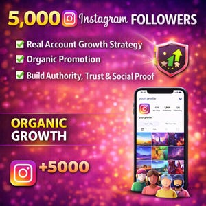 Può includere: Una pubblicità che promuove i follower di Instagram. L'immagine presenta il logo di Instagram, il testo "5.000 SEGUACI Instagram" e uno smartphone che mostra un profilo Instagram. Il testo include anche "Strategia di crescita reale dell'account" e "Promozione organica".