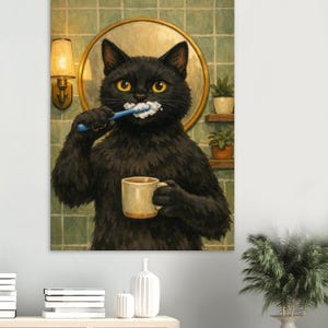 Black Cat Bathroom Wall Art Print – Vintage Mid Century Cat Illustration, Whimsical Pet Decor, Cozy Home Bathroom Poster