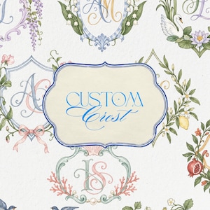 May include: A collection of decorative crests featuring intricate floral and animal illustrations, including swans, dragonflies, and birds. A central cream-coloured label with a blue border displays the text CUSTOM Crest in blue calligraphy.