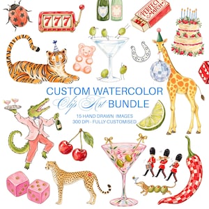 Pode incluir: Uma coleção de ilustrações em aquarela apresentando uma joaninha, máquina caça-níqueis, garrafas de champanhe, caixa de fósforos, bolo, tigre, ursinho de goma, taça de martini com azeitonas, ferradura, girafa com globo espelhado, crocodilo, lima, cerejas, dados, guepardo e pimenta.