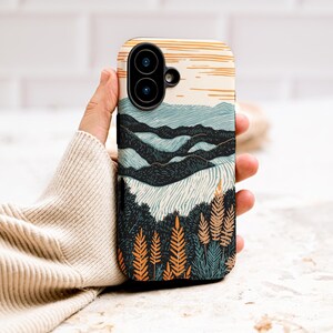Colorful Lino Print Nature Scene Phone Case, Minimalist Art for iPhone, Samsung, Pixel