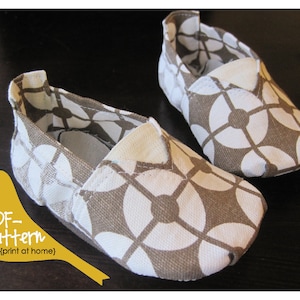 May include: A pair of brown and white canvas slip-on shoes with a geometric pattern. The shoes are on a dark brown surface.  PDF pattern (print at home)