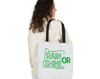 Bolso de mano de Oregón con gráfico del contorno del estado "Llueva o truene" en verde / Regalo de Portland, Oregón