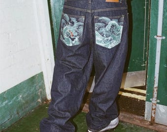 Jean baggy brodé en denim bleu foncé, style japonais années 90, jambes larges délavées, streetwear hip-hop y2k