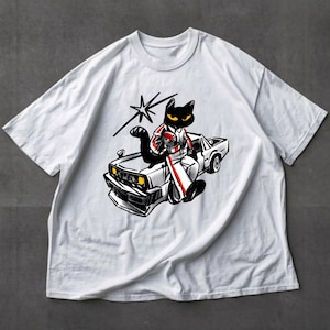 Black Cat JDM Car Graphic Tee, Y2K Grunge Oversized Unisex T-Shirt, Streetwear Drift Racing Shirt, Japanese Car Lover Gift