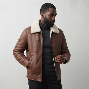 May include: A brown leather jacket featuring a cream-colored shearling collar, a front zipper closure, and a small buckled strap detail at the neck. The jacket has long sleeves, side pockets, and a smooth, textured finish throughout the exterior.