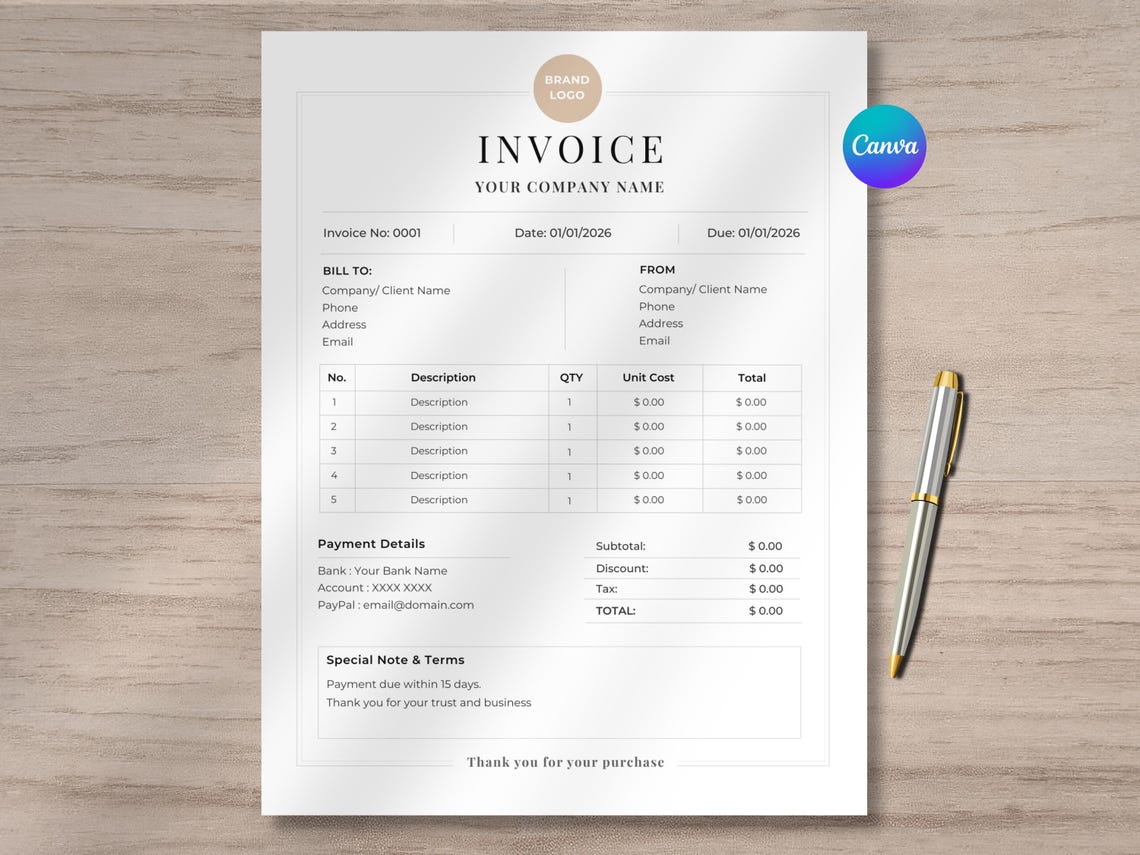 Editable Invoice Template for Small Business, Professional Receipt ...