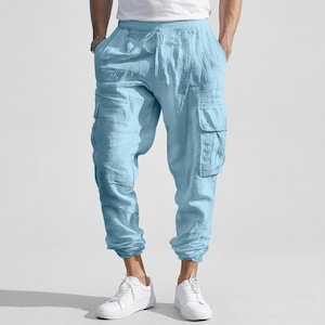 Men’s Lightweight Cargo Jogger Pants, Drawstring Elastic Waist Trousers, Cuffed Casual Lounge Bottoms