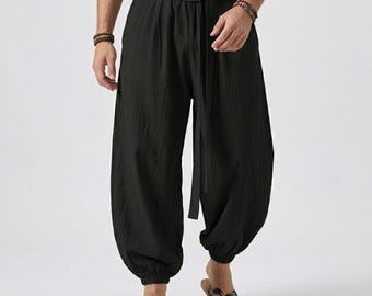 Men Cotton Harem Trousers | Elastic Waist Baggy Pants | Loose Fit Yoga Bottoms