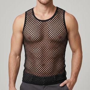 May include: A black sleeveless tank top featuring a wide-gauge mesh construction with a circular pattern throughout. The garment has a solid black crew neckline and solid black trim along the armholes and the bottom hem, creating a structured finish.