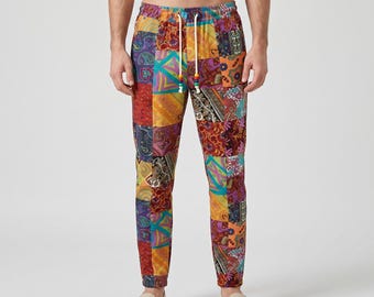Herren Patchwork Boho Festival Hose | Elastische Taille Hose mit Kordelzug