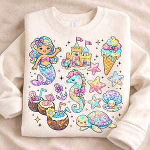 Mermaid Summer Clipart Bundle PNG, Cute Ocean Princess Set, Glitter Seahorse Turtle Shell Starfish Design, Kids Sublimation Digital Download