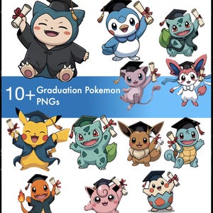 Graduation pokemone ds Clipart PNG Bundle-Graduation Characters-School Grad Party Decorations-Transparent 300 DPI Digital Download