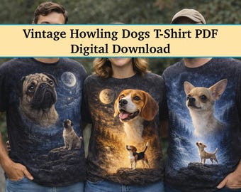 Diseño de perros aullando a la luz de la luna – Lámina artística vintage de perros (descarga digital PNG)