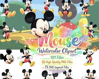 Paquete de imágenes prediseñadas de Mickey Mouse en acuarela / Archivos PNG y SVG (Descarga digital)