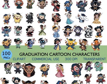 100 imágenes prediseñadas PNG de personajes de dibujos animados para graduación / paquete