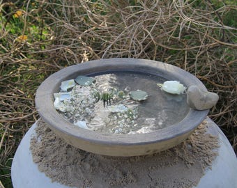 Fågelbad/fågelmatare med fågel, 30/35/40 cm, vattenskål, frostbeständig sandsten, grund planteringsbricka