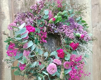 Verse bloemenkransen om te drogen, lentekrans, deurkrans, tafelkrans, takkenkrans, natuurlijke krans, groen, naturel, roze, roos, 25/30/35/40/45/50/60 cm
