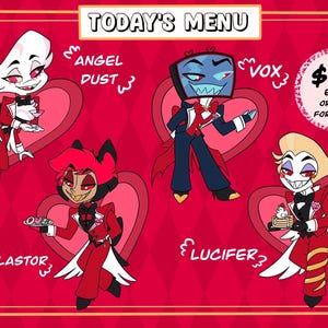 May include: A digital illustration showing four cartoon characters in suits, each against a heart-shaped backdrop. The characters are labelled Angel Dust, Vox, Lucifer, and Alastor. The words "Today's Menu" are at the top.